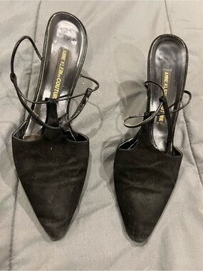 Anne Klein Black Pointed Slingback Heels with Ankle Straps